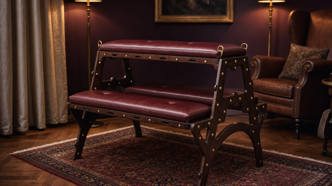 A hardwood and leather spanking bench with brass-studded edge, positioned on a Persian rug in a deep-aubergine private room with a wing chair, sconce, and warm dusk light.