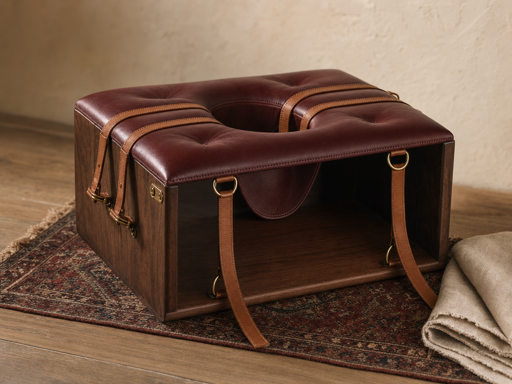 UABDSM queening stool — low padded rectangular box with a circular cutout on top and an open head cavity below, integrated grab straps on the sides.